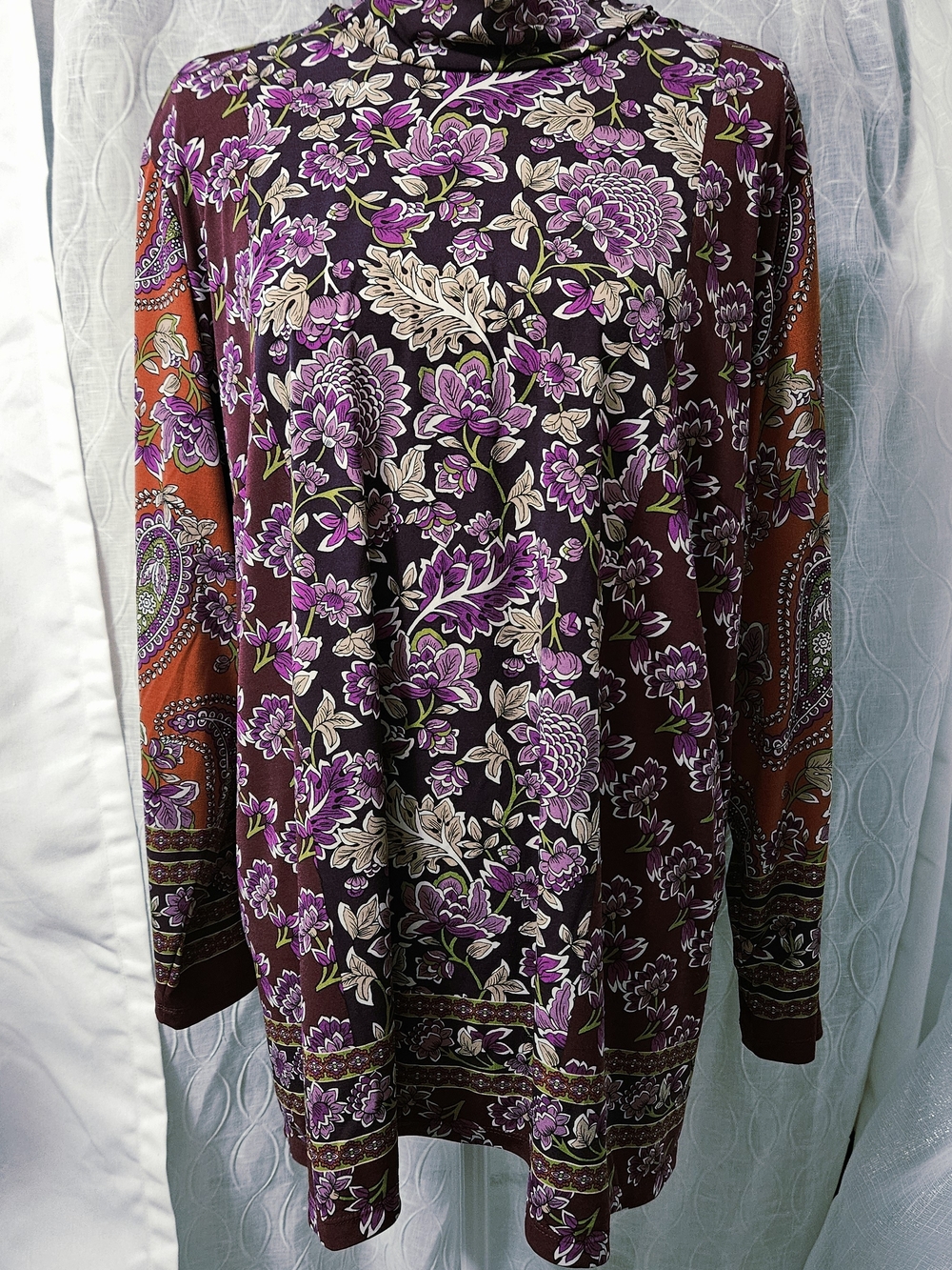 Susan Graver Liquid Knit Floral Print Long Sleeve Women's Tunic Purple and Brown